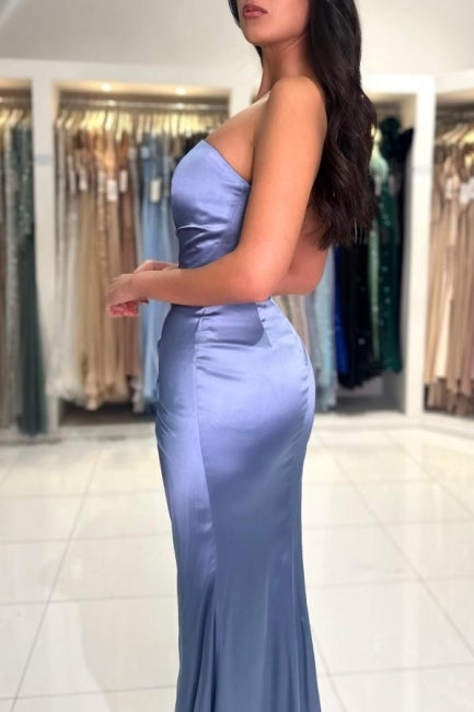 Gorgeous Long Dusty Blue Mermaid Satin Sleeveless Prom Dress With Slit-Ballbella