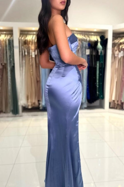 Gorgeous Long Dusty Blue Mermaid Satin Sleeveless Prom Dress With Slit-Ballbella