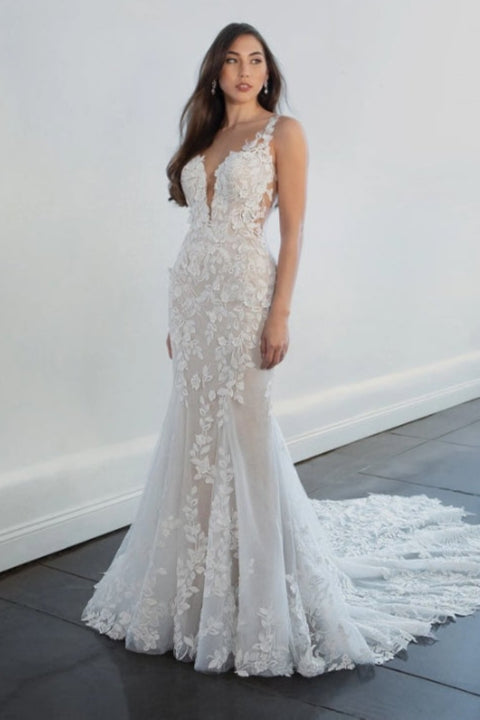Gorgeous Long Mermaid V-neck Sleeveless Wedding Dresses With Lace-Ballbella