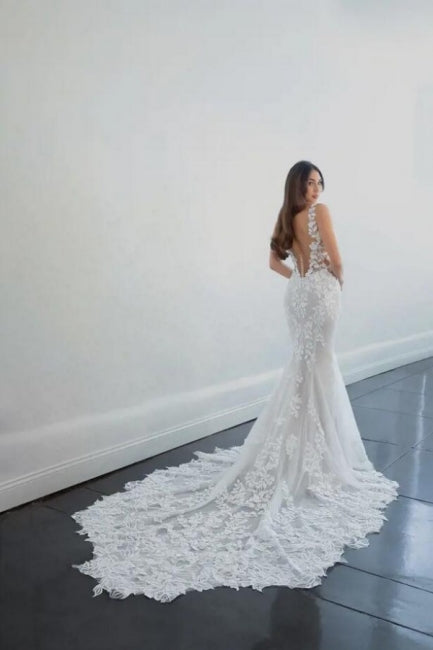 Gorgeous Long Mermaid V-neck Sleeveless Wedding Dresses With Lace-Ballbella