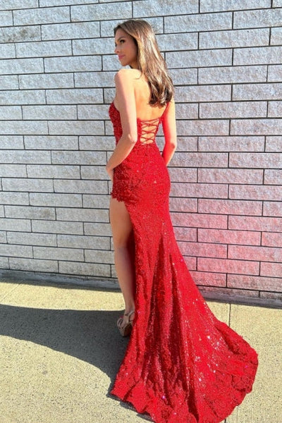 Gorgeous Long Red One Shoulder Graduation Dresses Glitter Lace Prom Dresses with Split Online Gorgeous Long Red One Shoulder Graduation Dresses Glitter Lace Prom Dresses with Split Online