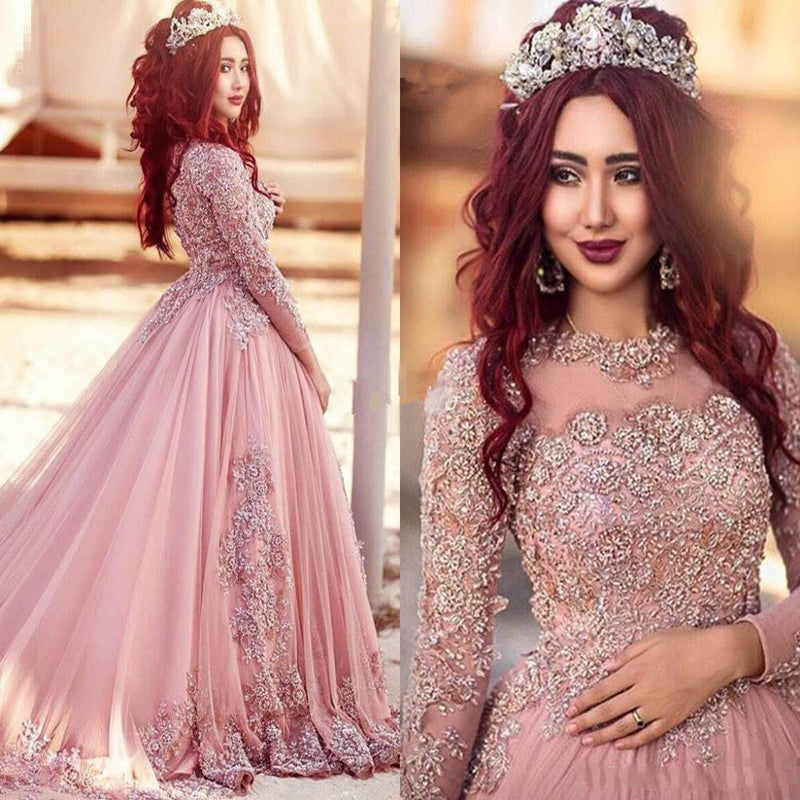 Eightale Arabic Evening Dresses Pink Sweetheart A-Line Prom Gown with Long  SleevesTulle Ruffled Formal Wedding Party Dress - AliExpress