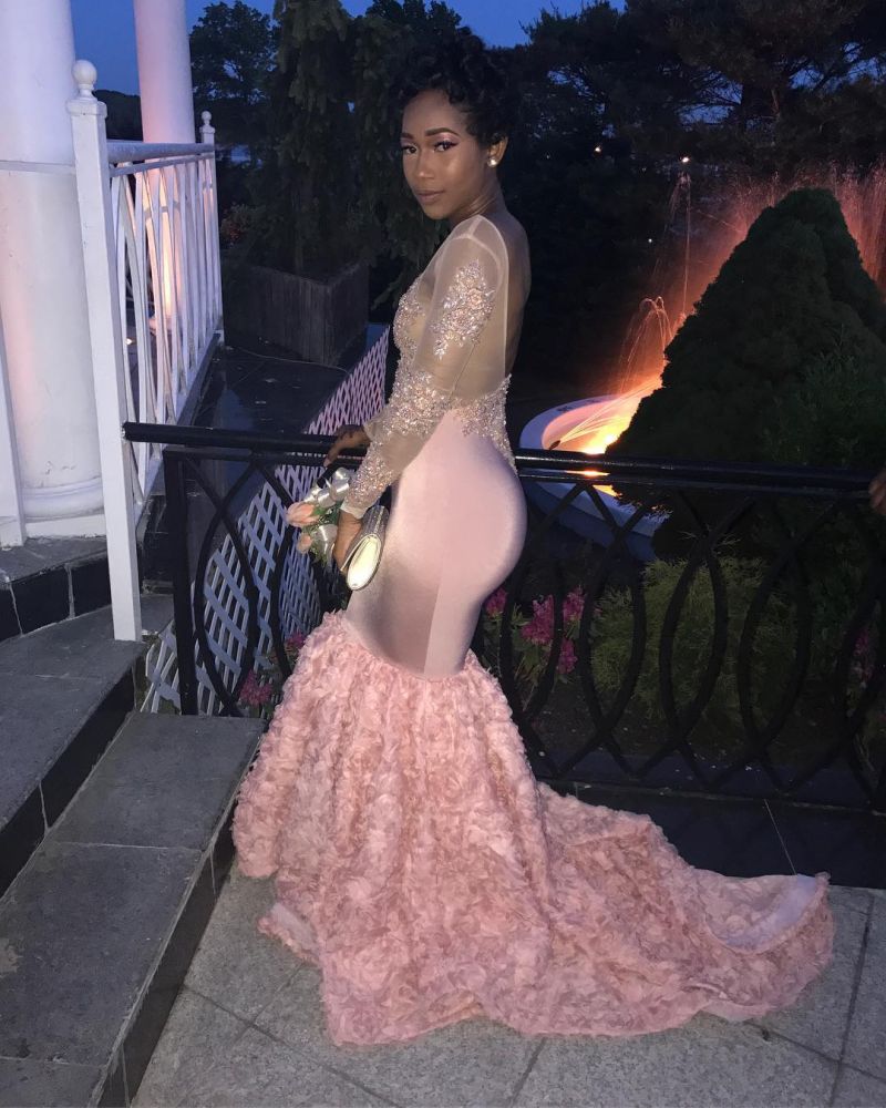 Shop Ballbella.com with Gorgeous Long-Sleeve Mermaid Lace-Appliques Prom Dress,  making your teen girls look glam in their prom party,  available in full size range and colors.