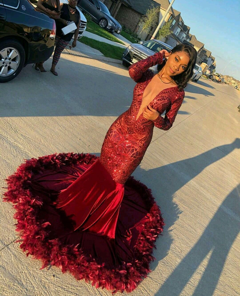 Gorgeous Long Sleeves Burgundy Lace Sequins Prom Dress Mermaid With Feather Gorgeous Long Sleeves Burgundy Lace Sequins Prom Dress Mermaid With Feather