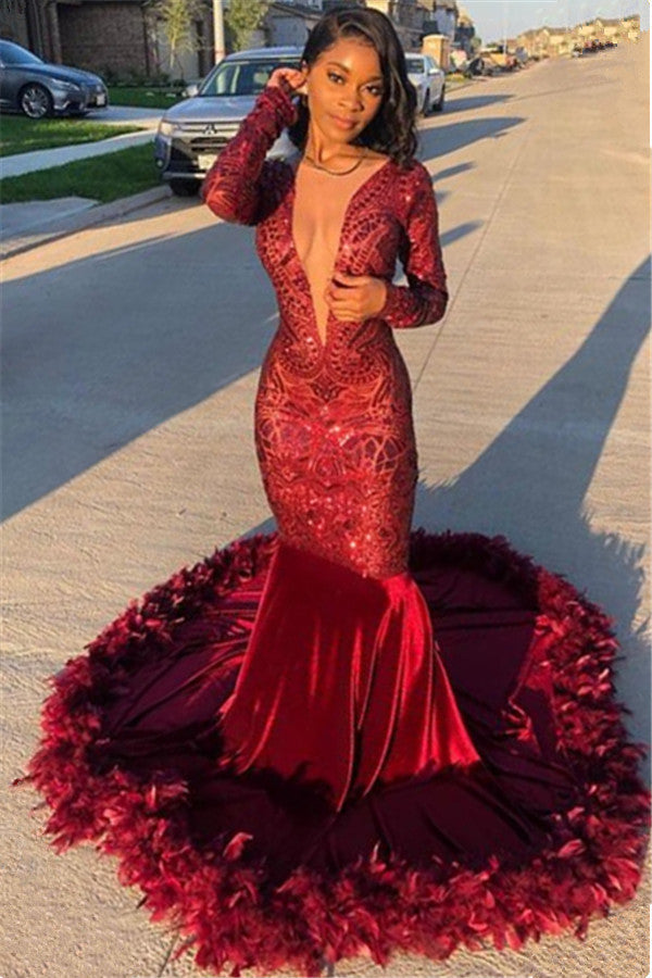Gorgeous Long Sleeves Burgundy Lace Sequins Prom Dress Mermaid With Feather-Ballbella