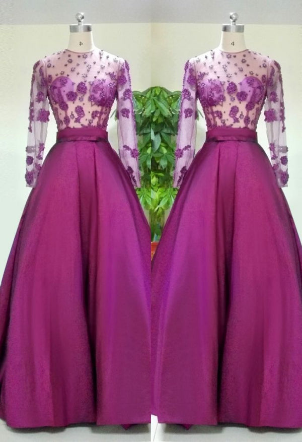 Gorgeous Long Sleeves Evening Dress Appliques Beadings. Free shipping,  high quality,  fast delivery,  made to order dress. Discount price. Affordable price. Shop Ballbella Official.