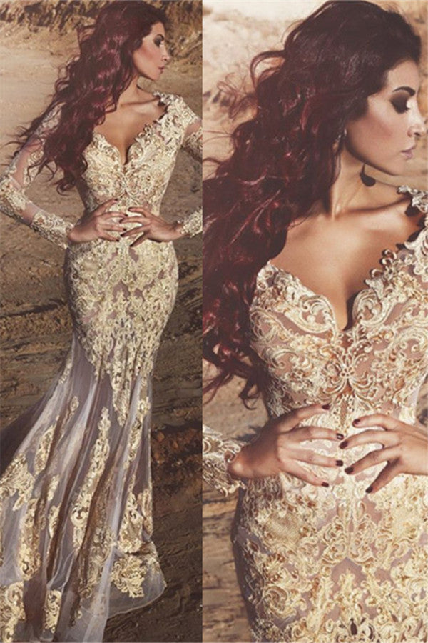 Gorgeous Long Sleeves Lace Appliques Prom Dresses Fit and Flare Beads Sheer Tulle Wholesale Evening Gowns-Ballbella