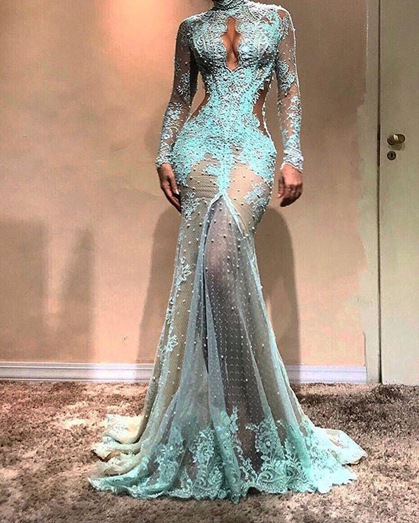 Looking for Long Sleeves prom dresses in lace mermaid style,  and hottest hand work? Ballbella has all covered on this Gorgeous Long Sleeves Mermaid Evening Dress Lace Formal Dress.
