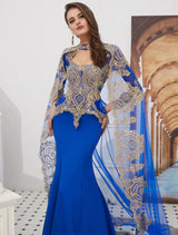 Gorgeous Luxury Evening Dresses Embroidered Beaded Queen Anneneck Long Sleeve Formal Gowns With Cloak-Ballbella