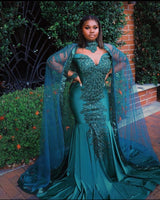 Looking for Prom Dresses, Evening Dresses in Stretch Satin,  Mermaid style,  and Gorgeous Beading, Appliques work? Ballbella has all covered on this elegant Gorgeous Mermaid Evening Gowns Long Sleeves Appliques Floor Length Cape.