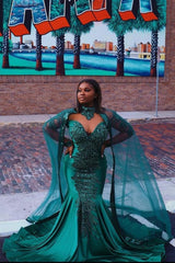Gorgeous Mermaid Evening Gowns Long Sleeves Appliques Floor Length Cape-Ballbella