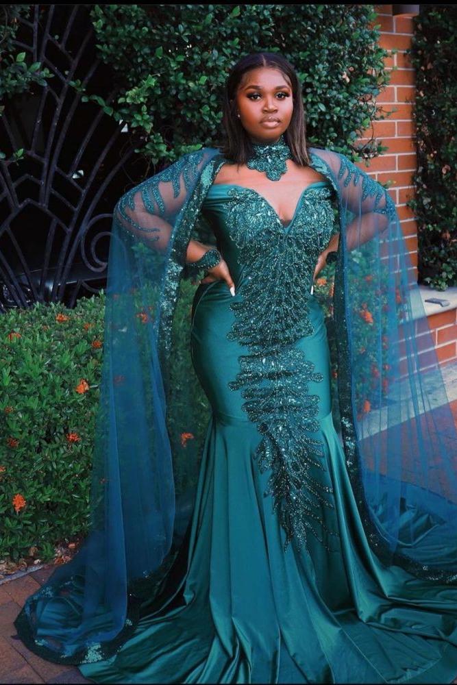 Gorgeous Mermaid Evening Gowns Long Sleeves Appliques Floor Length Cape-Ballbella