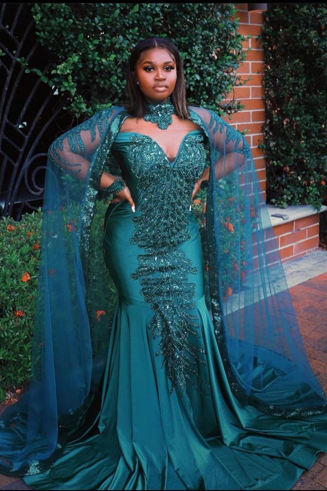 Looking for Prom Dresses, Evening Dresses in Stretch Satin,  Mermaid style,  and Gorgeous Beading, Appliques work? Ballbella has all covered on this elegant Gorgeous Mermaid Evening Gowns Long Sleeves Appliques Floor Length Cape.