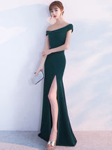 Mermaid Homecoming Dress Oblique Short Sleeve Long Evening Dresses Dark Green Split Occasion Dresses With Train