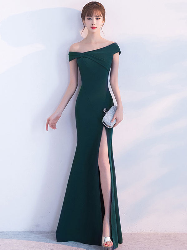 Mermaid Homecoming Dress Oblique Short Sleeve Long Evening Dresses Dark Green Split Occasion Dresses With Train