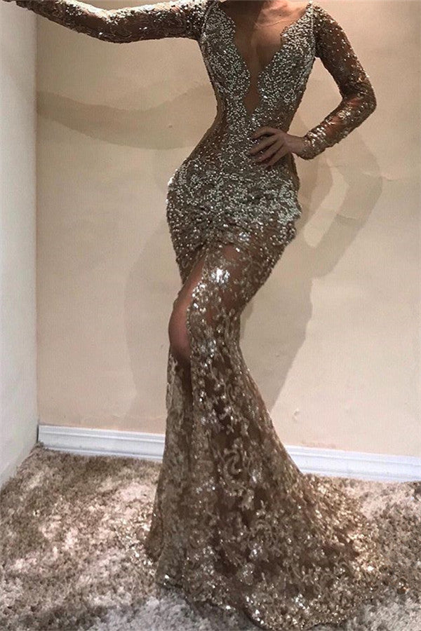 Still not know where to get your custom made prom dresses online? Ballbella offer you Gorgeous Mermaid Long Sleevess Open Back Sequins Prom Dresses at factory price,  fast delivery worldwide.