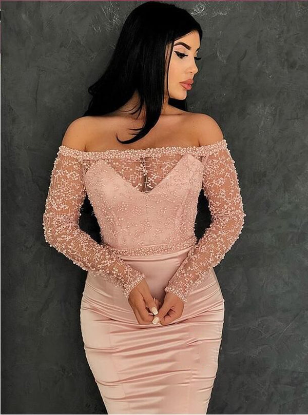 Gorgeous Mermaid Off-the-Shoulder Prom Gowns Long Sleeves Lace Evening Dresses. Free shipping,  high quality,  fast delivery,  made to order dress. Discount price. Affordable price. Shop Ballbella Official.