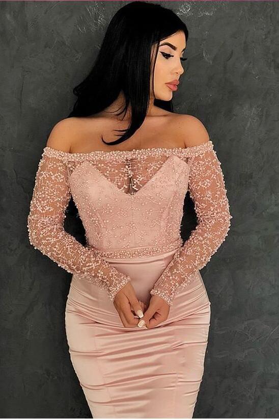 Gorgeous Mermaid Off-the-Shoulder Prom Gowns Long Sleeves Lace Evening Dresses-Ballbella