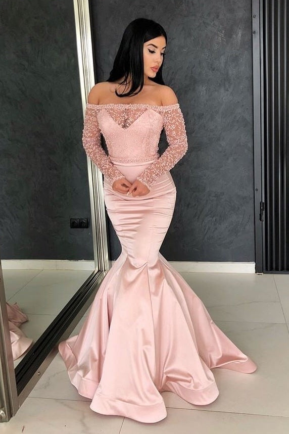 Gorgeous Mermaid Off-the-Shoulder Prom Gowns Long Sleeves Lace Evening Dresses. Free shipping,  high quality,  fast delivery,  made to order dress. Discount price. Affordable price. Shop Ballbella Official.