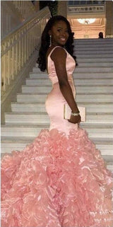 Ballbella offers Gorgeous Mermaid Ruffles Sleeveless Pink V-neck Prom Party Gowns at a cheap price from Stretch Satin to Mermaid hem.. Gorgeous yet affordable Long Sleevess Real Model Series.