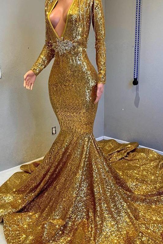 Gorgeous Mermaid Sequins Long Sleevess Floor Length Prom Dresses-Ballbella