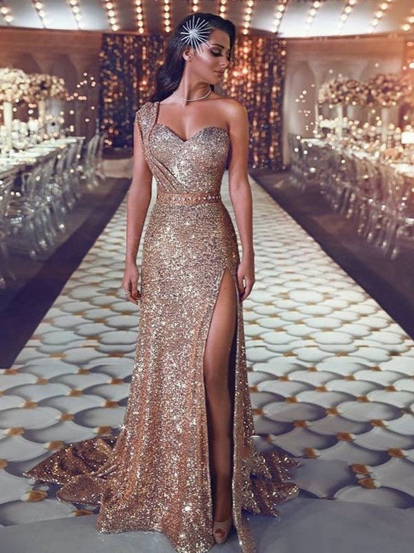 Gorgeous Mermaid Sequins Prom Evening Gowns,  One Shoulder Evening Dress With Slit. Free shipping,  high quality,  fast delivery,  made to order dress. Discount price. Affordable price. Ballbella