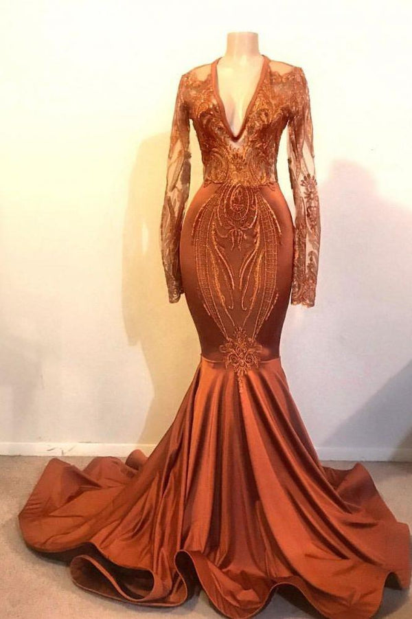 Gorgeous Mermaid V-neck Long Sleevess Prom Dresses-Ballbella