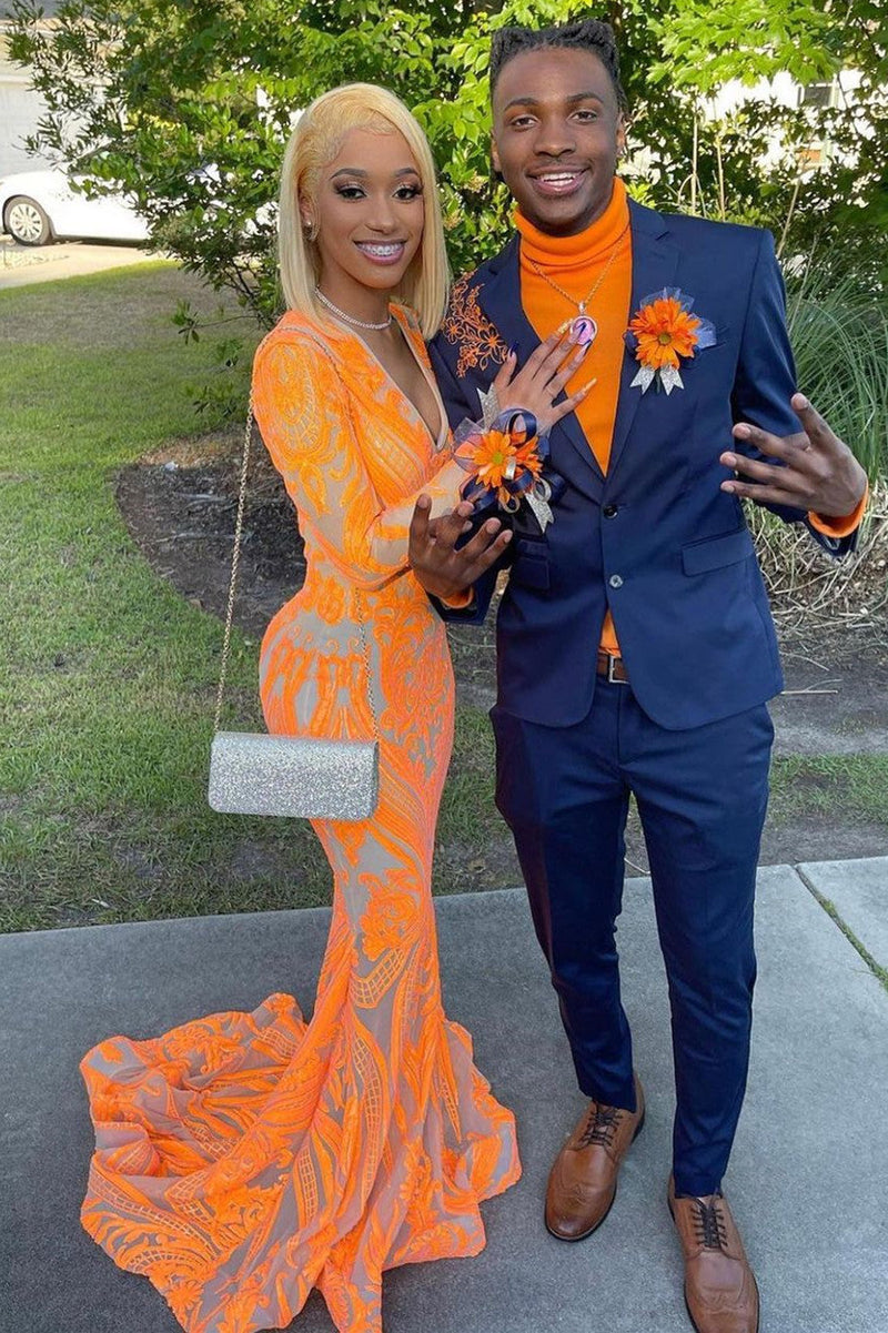 Gorgeous Mermaid V-neck Orange Sparkle Prom Dresses-Ballbella