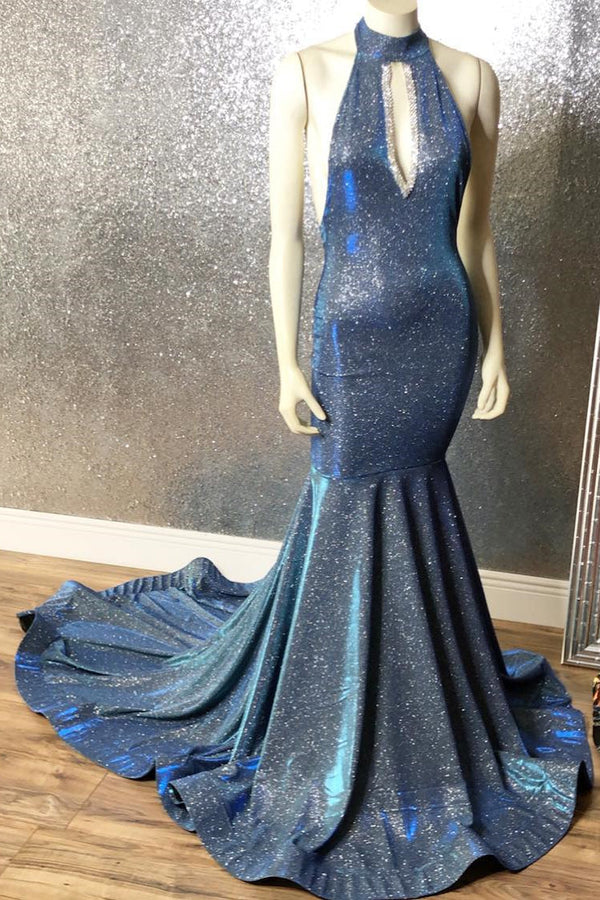 Gorgeous Navy Blue Long Mermaid V-Neck Prom Dress Spaghetti-Straps-Ballbella