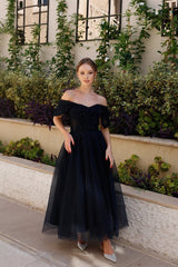 Gorgeous Navy Blue Off-The-Shoulder Tulle Prom Dress Sleeveless A-Line Beads With Zipper-Ballbella