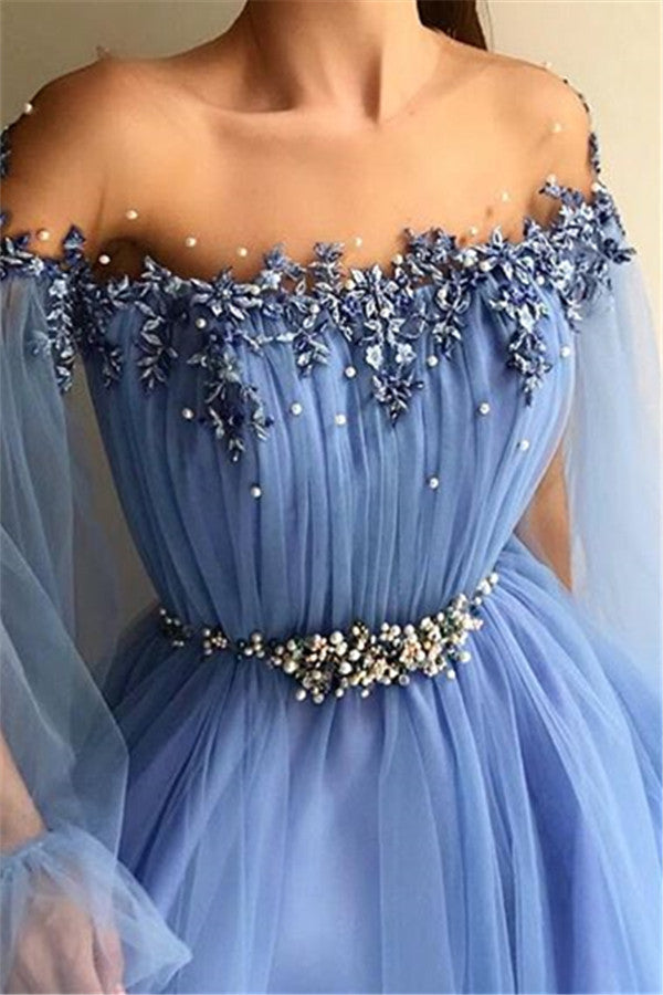 Ballbella has a great collection of off-the-shoulder Prom Dresses at an affordable price. Find your dream Gorgeous Off-The-Shoulder Appliques Tulle A-Line Prom Party Gowns here,  26+ colors & all sizes available,  free delivery worldwide.