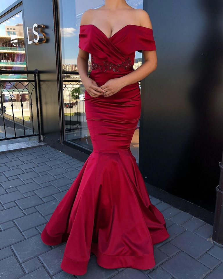 Ballbella offers Gorgeous Off-the-shoulder Burgundy Jewel Mermaid Prom Party Gowns at a cheap price from Stretch Satin to Mermaid Floor-length hem. Gorgeous yet affordable  Prom Dresses.