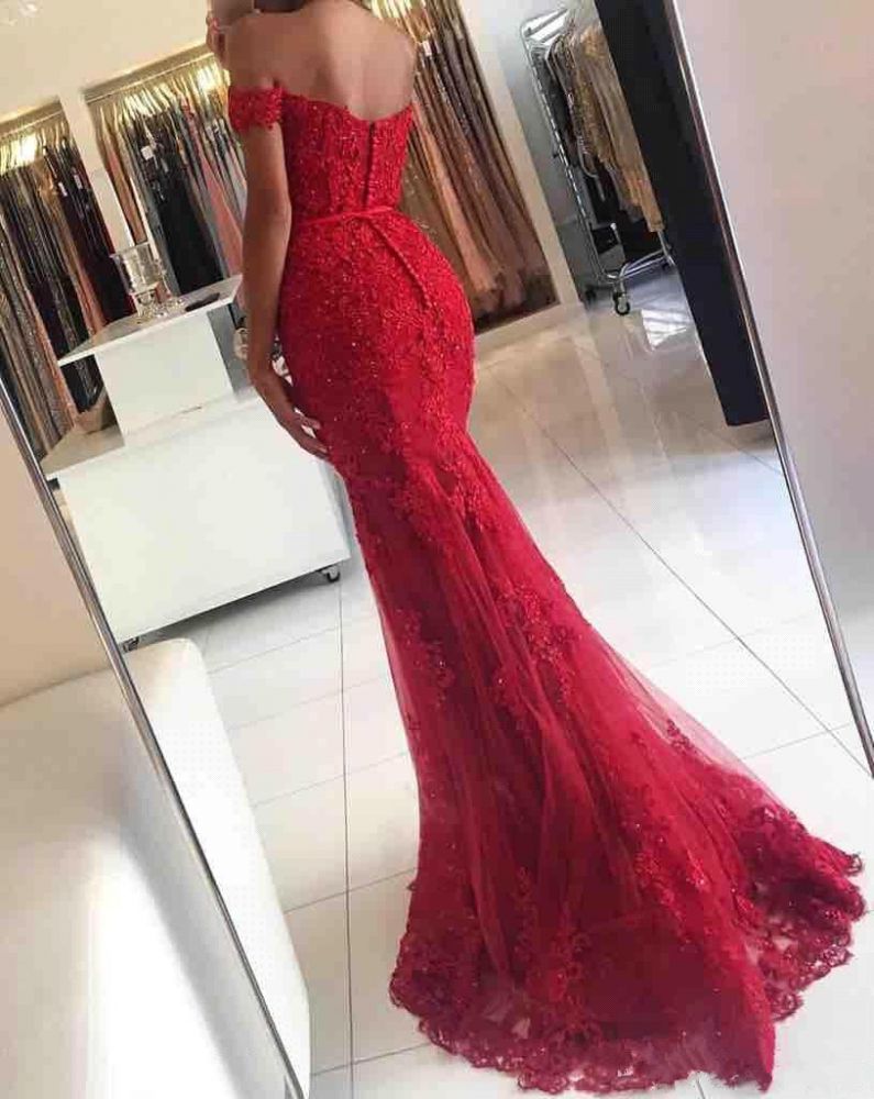 This Gorgeous Off-the-shoulder Lace Appliques Red Mermaid Evening Dress will make your guests say wow. The off the shoulder bodice is thoughtfully lined,  and the mermaid skirt with Lace is to provide the airy,  flatter look.