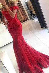 Gorgeous Off-the-shoulder Lace Appliques Red Mermaid Evening Dress-Ballbella