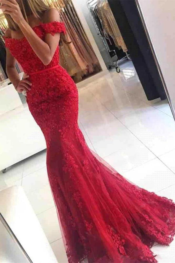 Gorgeous Off-the-shoulder Lace Appliques Red Mermaid Evening Dress-Ballbella