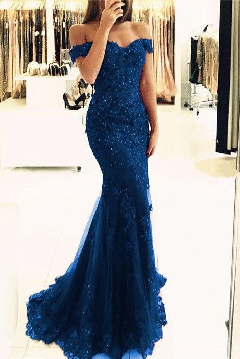 Gorgeous Off-the-shoulder Lace Appliques Red Mermaid Evening Dress-Ballbella