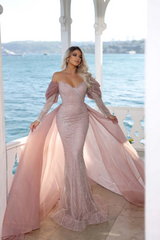 Gorgeous Off-the-Shoulder Long Sleeves Mermaid Prom Dress With Beadings Ruffles-Ballbella