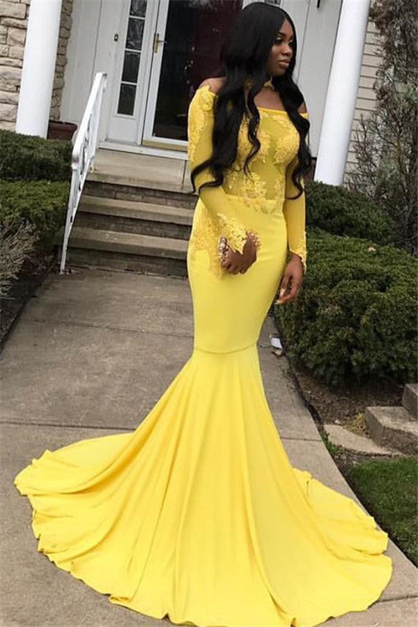 This beautiful Gorgeous Off-the-Shoulder Long Sleevess Appliques Mermaid Floor-Length Prom Dresses will make your guests say wow. The Off-the-shoulder bodice is thoughtfully lined,  and the Floor-length skirt with Appliques to provide the airy,  flatter look of Spandex.