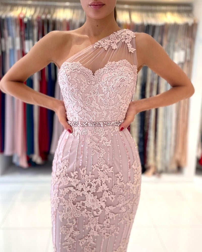 Gorgeous One Shoulder Lace Sheath Prom Dress Online With Crystal Gorgeous One Shoulder Lace Sheath Prom Dress Online With Crystal