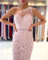 Gorgeous One Shoulder Lace Sheath Prom Dress Online With Crystal-Ballbella
