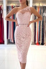 Gorgeous One Shoulder Lace Sheath Prom Dress Online With Crystal-Ballbella
