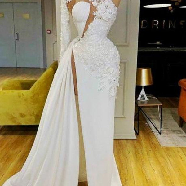 Gorgeous One Shoulder Long Sleeve Prom Dress with Lace Appliques Side Slit