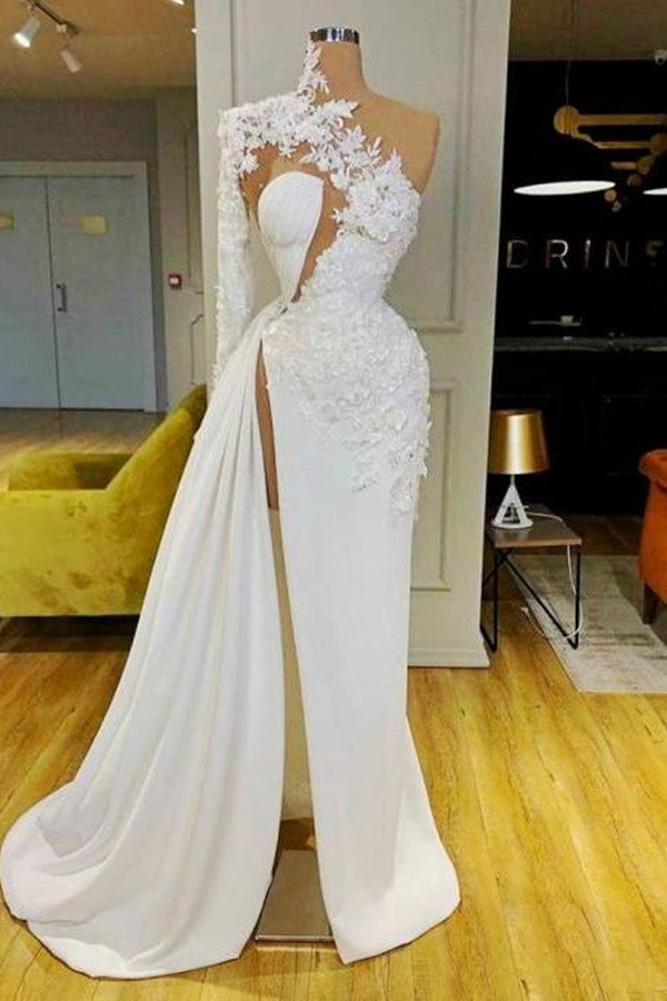Gorgeous One Shoulder Long Sleeve Prom Dress With Lace Appliques Side Slit-Ballbella