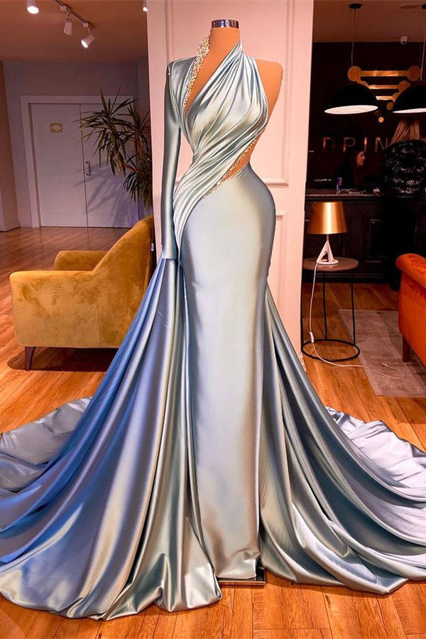 Gorgeous One Shoulder Long Sleeves Mermaid Prom Dress With Beads-Ballbella