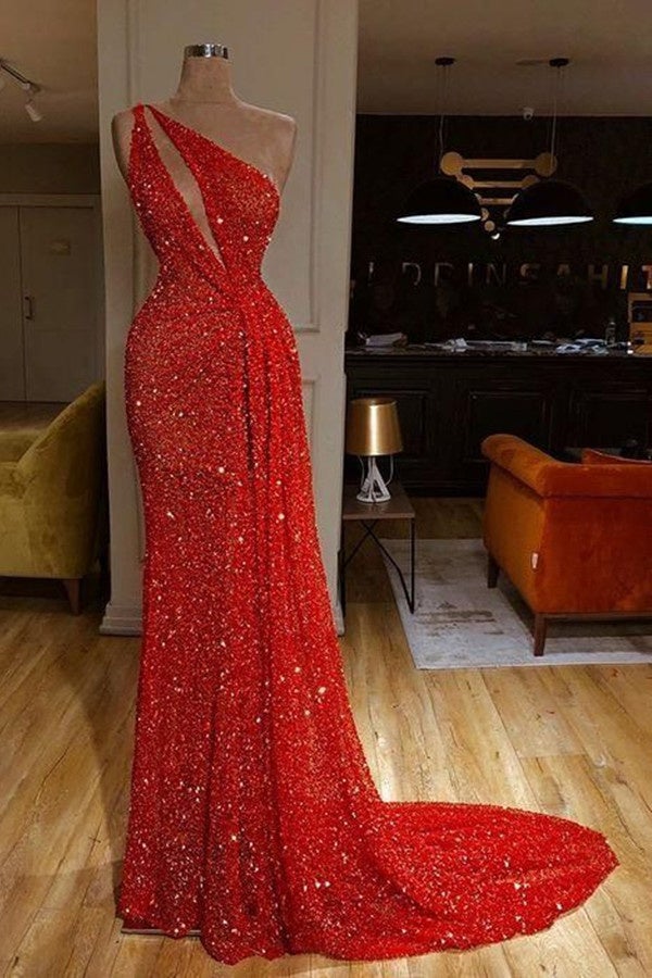 one shoulder red sequin dress Sparkly Mermaid One Shoulder Dark Red Velvet Sequins Prom Dresses with