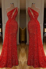 Gorgeous One Shoulder Red Sequins Long Prom Dress-Ballbella