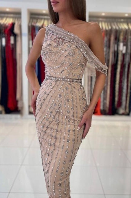 Gorgeous One Shoulder Sleeveless Mermaid Satin Evening Dresses With Beads-Ballbella