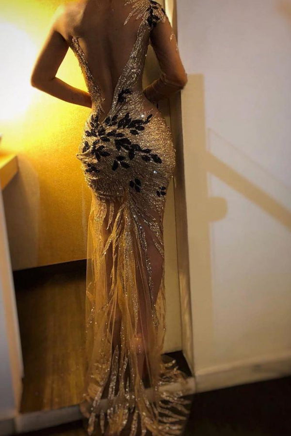 Gorgeous One Shoulder V-Neck Sheath Backless Floor-Length Prom Dresses-Ballbella