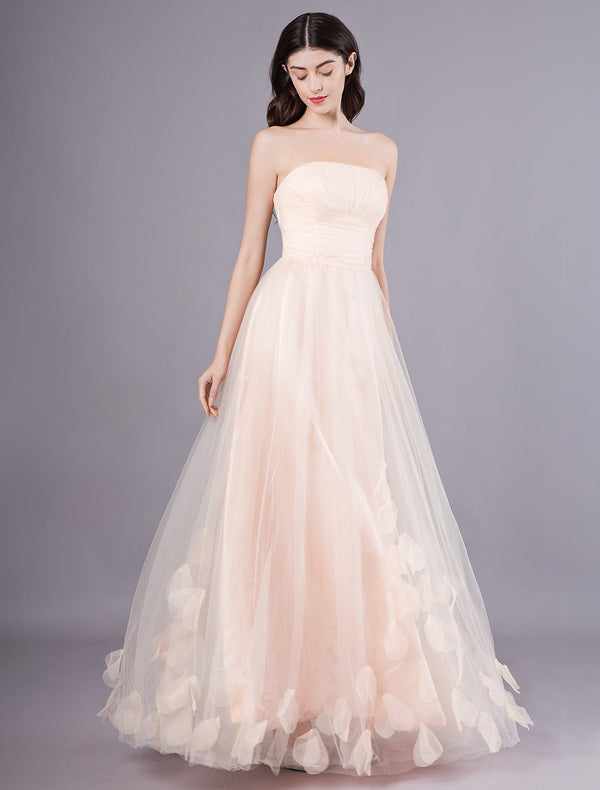 Peach Strapless evening dress A Line Flower Tulle Floor Length Homecoming Dress