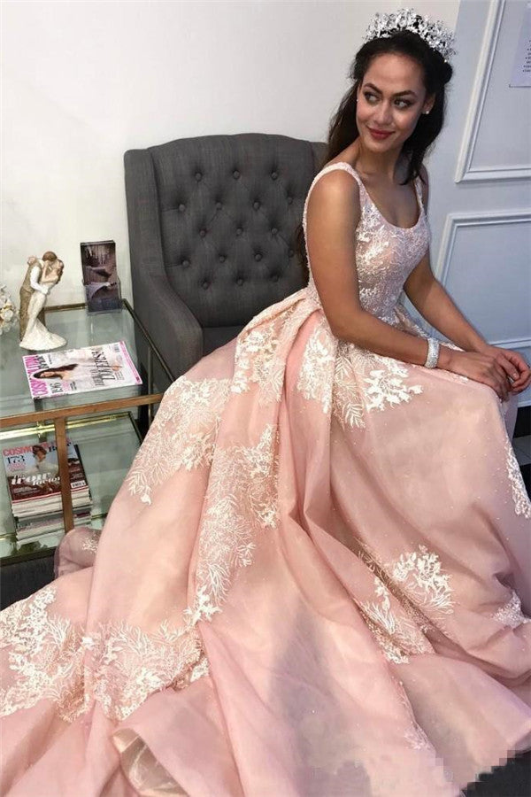 Still not know where to get your event dresses online? Ballbella offer you new arrival Gorgeous Pink Applique Straps Prom Dresses Ruffle Sleeveless Chic Evening Dresses at factory price,  fast delivery worldwide.